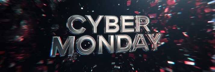 Text CYBER MONDAY in large chrome letters with animated glitch effect, dark background