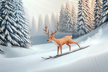reindeer skiing in the winter forest, 3d illustration