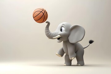 Elephant playing basketball, 3d illustration, horizontal, over white