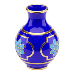 Elegant royal blue vase with intricate gold trim and floral accents, perfect for home decor
