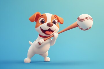 Cute cartoon dog with baseball on blue background. 3D rendering