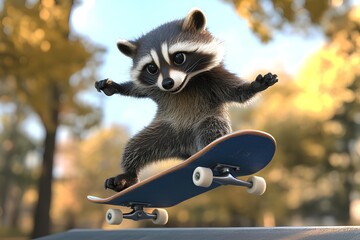 Raccoon rides a skateboard in the park. 3d rendering