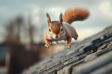 Squirrel on the roof of the building. Squirrel on the roof