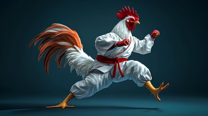 White karate fighter with a rooster on a blue background. 3d rendering