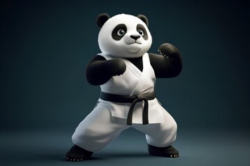 Panda in karate pose on dark background. 3d illustration