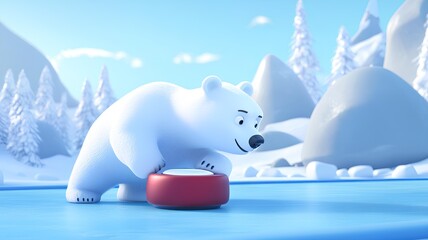 3D Illustration of Cute Polar Bear Playing curling on Ice