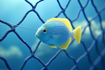 3d illustration of a blue fish in the net on blue background