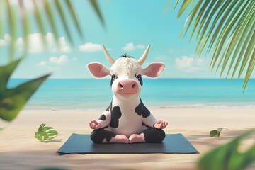 Cute cow sitting on yoga mat and meditating on the beach