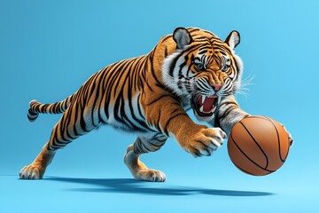 Tiger with a basketball on a blue background. 3d rendering