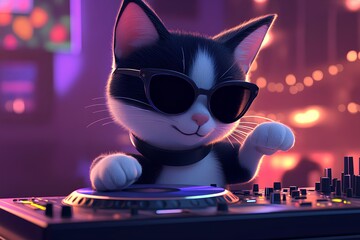 cute black cat with sunglasses playing music on turntable on nightclub background