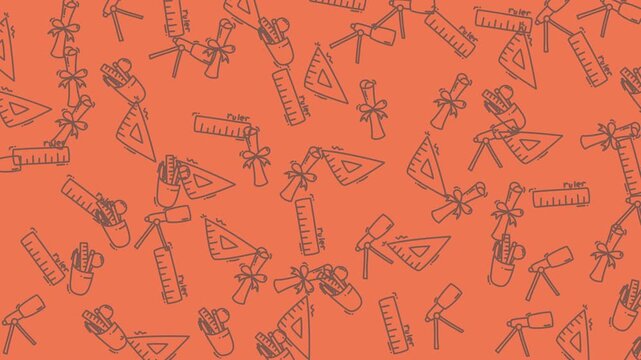 A vibrant pattern featuring various scientific tools like beakers, rulers, and compasses on a bright background