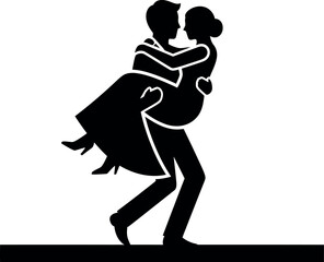 Romantic silhouette of a groom carrying his bride in his arms on their wedding day