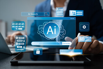 Artificial intelligence, Businessman using tablet to create AI assistant, chatbot, smart automation with data search, prompt generation, digital transformation for artificial intelligence solutions.