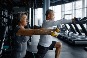 Elderly man and woman are doing squats with dumbbells in a gym