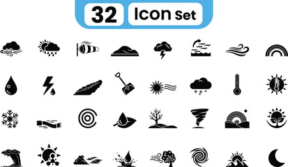 Collection of 32 weather and nature icons representing diverse environmental elements and phenomena