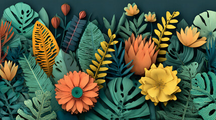 Naklejka premium A vibrant, densely packed pattern of overlapping tropical leaves in a cut-paper style, featuring bold colors like orange, yellow, and teal against a dark background.