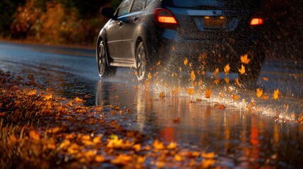 Car driving through wet road covered with fallen autumn leaves