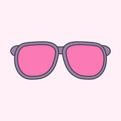 A cartoon style rendering of purple-framed sunglasses with pink lenses. The background is a soft pink color. This is a simple, bright graphic.
