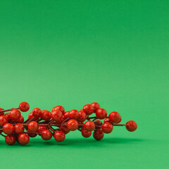 Minimal Christmas still life with red berries on green background. Simple festive decoration concept celebration and timeless elegance.