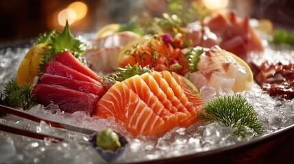 Japanese sashimi fish served at buffet restaurant — fresh presentation