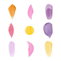 A grid of nine watercolor shapes in various colors. The shapes resemble flower petals, brushstrokes, and abstract forms, displayed against a clean, white background.