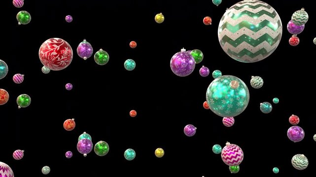 Looping festive animation of colorful Christmas ornaments falling and floating on transparent background, elegant holiday baubles rain effect for seasonal celebration video overlays
