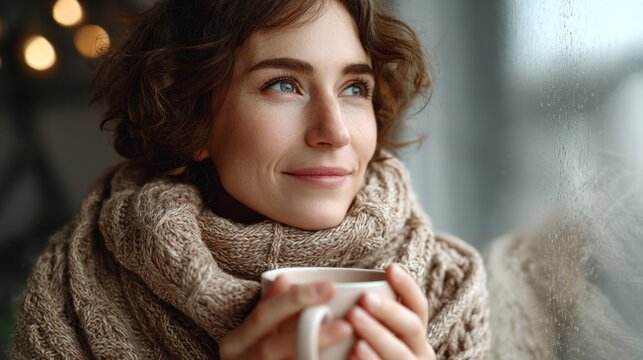 A woman wrapped in a thick, soft scarf holds a warm mug close while looking out at the snowy scene. The cozy atmosphere captures the spirit of a perfect Christmas morning by the window