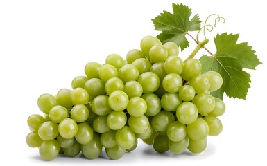 Fototapeta premium Plump and Juicy Green Grapes: A Fresh Bunch of Sweet Fruit with Vibrant Green Leaves Against a Pure White Background