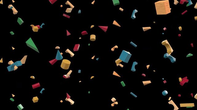 Vibrant colored wooden building blocks falling in seamless loop animation with transparent background, playful toy blocks rain effect for educational, children&rsquo;s content
