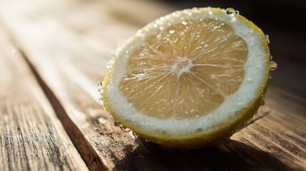 dewdrops. A fresh lemon slice glistening with dewdrops on a rustic wooden surface in natural light. menu design, packaging mockups, designed for food delivery and cloud-kitchen brand materials.