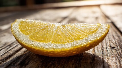 dewdrops. A fresh lemon slice glistening with dewdrops on a rustic wooden surface in natural light. menu design, packaging mockups, designed for food delivery and cloud-kitchen brand materials.