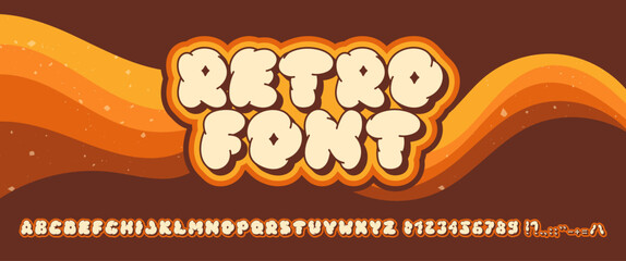 Groovy 70-s retro font. Alphabet with letters, numbers and sighns and volume shadows.