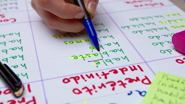 Education and grammar concepts. A Spanish teacher writes down vocabulary for students.