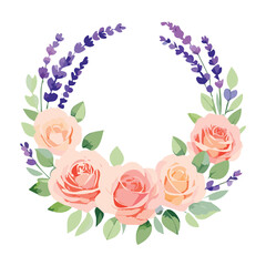 A vintage romantic floral border design featuring a beautiful pink rose bouquet with green leaves and blossoms for a Valentine or wedding day card illustration