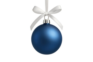 Blue christmas bauble hanging from a white ribbon bow creating a festive holiday decoration with transparent background