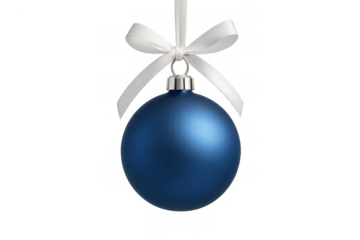 Blue christmas bauble hanging from a white ribbon bow creating a festive holiday decoration with transparent background