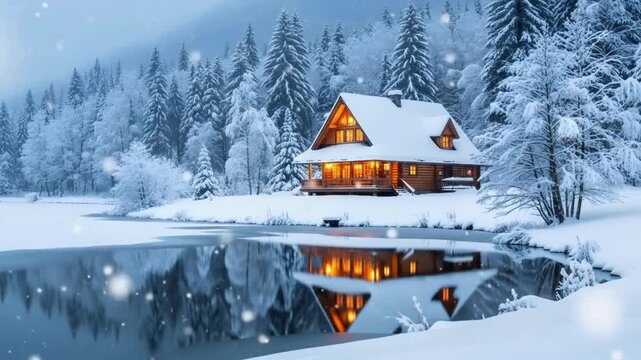 Christmas ambience background, A festive Christmas scene featuring cottage in snow, Christmas ambience, snow falling outside, Christmas ambience videos, Christmas decoration