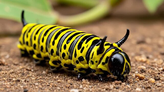 Vibrant yellow caterpillar crawls on earth, macro view, nature's intricate details