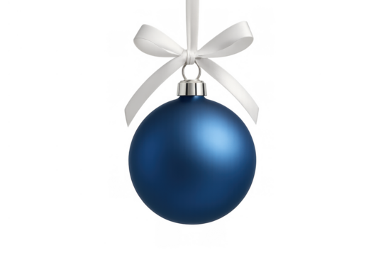 Blue christmas bauble hanging from a white ribbon bow creating a festive holiday decoration with transparent background