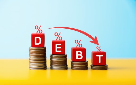 Stacked coins with 'DEBT' blocks and a red arrow indicating a decrease