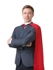Businessman wearing superhero cape on white background