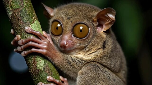 Tiny tarsier grips branch at night, large eyes observing the darkness