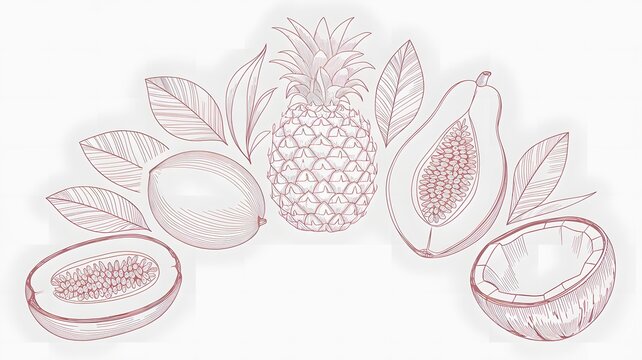 An elegant line art vector illustration of a tropical fruit set, including a pineapple, mango, papay