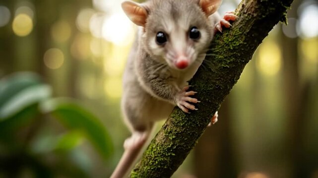 Adorable possum explores lush nature, perfect for educational wildlife content