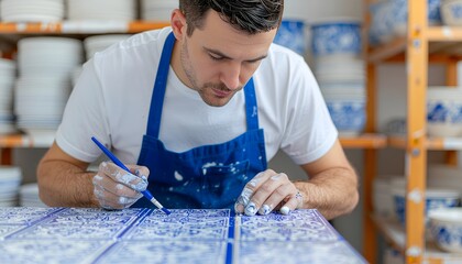 Focused male artisan in a blue apron meticulously painting a ceramic tile in his workshop.