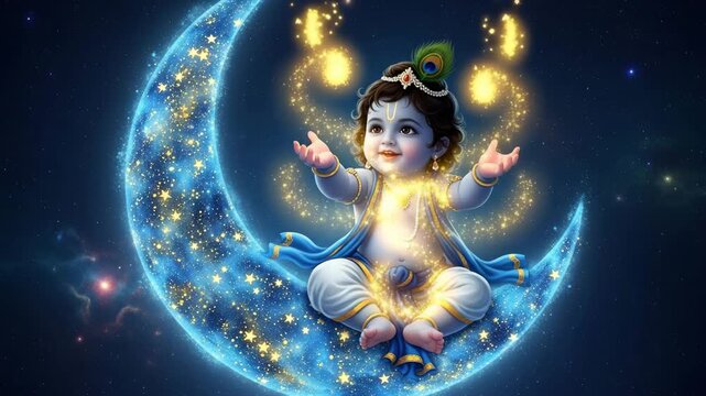 Baby krishna sitting on a glowing crescent moon in starry night sky