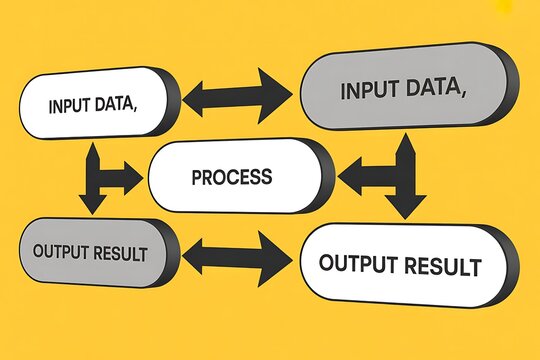 A visual representation of a data processing system, showcasing the flow of information from input data to process, resulting in output results on a yellow background
