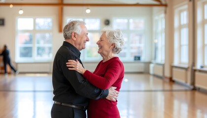 Loving senior couple embracing and dancing in a spacious dance hall.