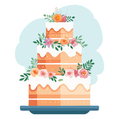 Delicious birthday cake with candles and floral wedding cake vector illustration featuring sweet cream decoration for a happy celebration bakery card design