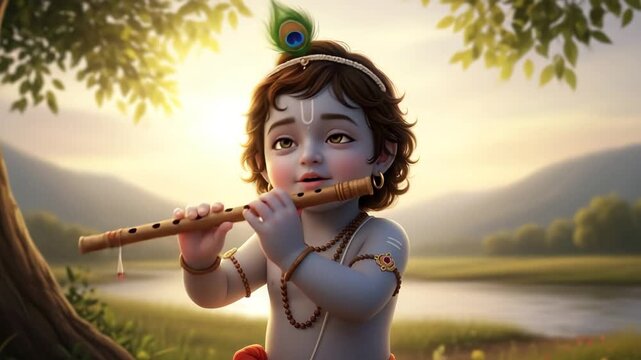 Cute baby krishna playing flute in a serene natural landscape at sunset
